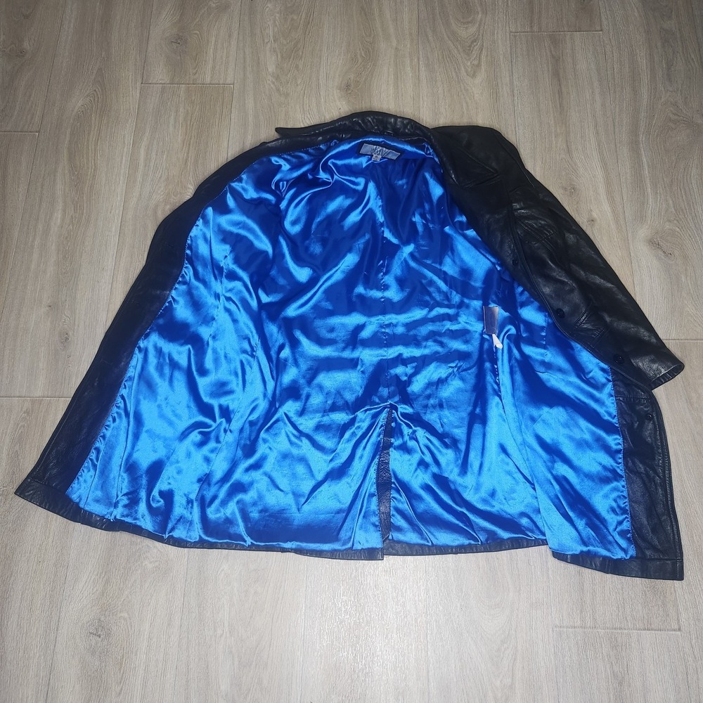 Vintage Wilsons Leather Maxima Trench Coat Women's XL Black Blue Lining Y2K 90s - Picture 8 of 14